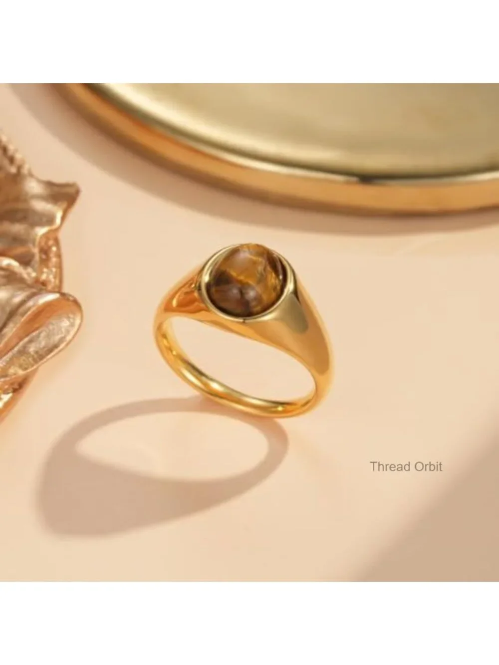 18K Gold Plated Stainless Steel Signet Ring Women Tiger Eye Statement Ring